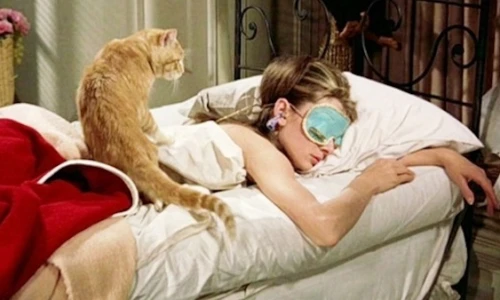 Audrey as holly in sleep mask with cat on back